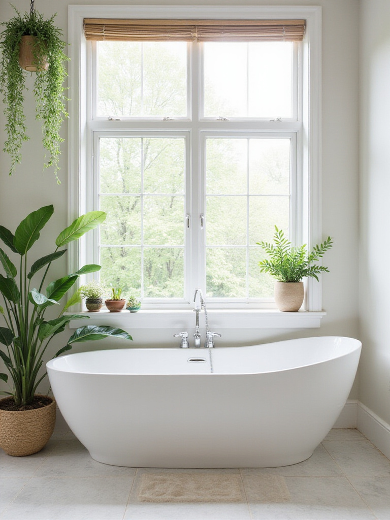 Bathroom with freestanding tub and lush green plants.