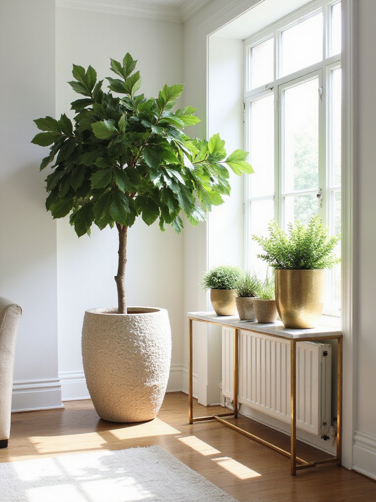 Luxury living room with fiddle-leaf fig in ceramic planter and grouping of plants in brass and marble planters.