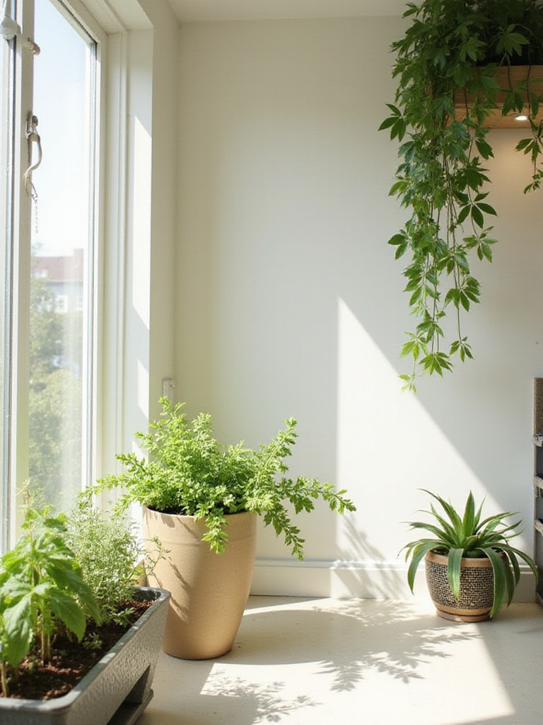 Modern kitchen with fresh herbs and plants adding a natural touch