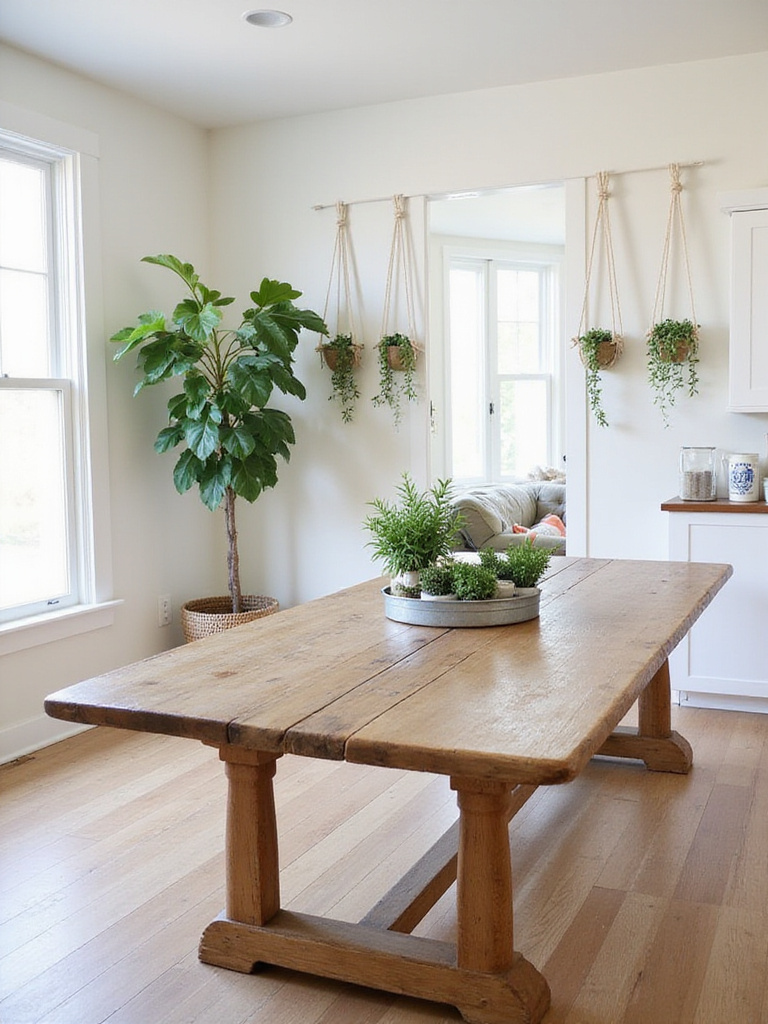 Farmhouse dining room with lush indoor plants and greenery creating a warm and inviting atmosphere.