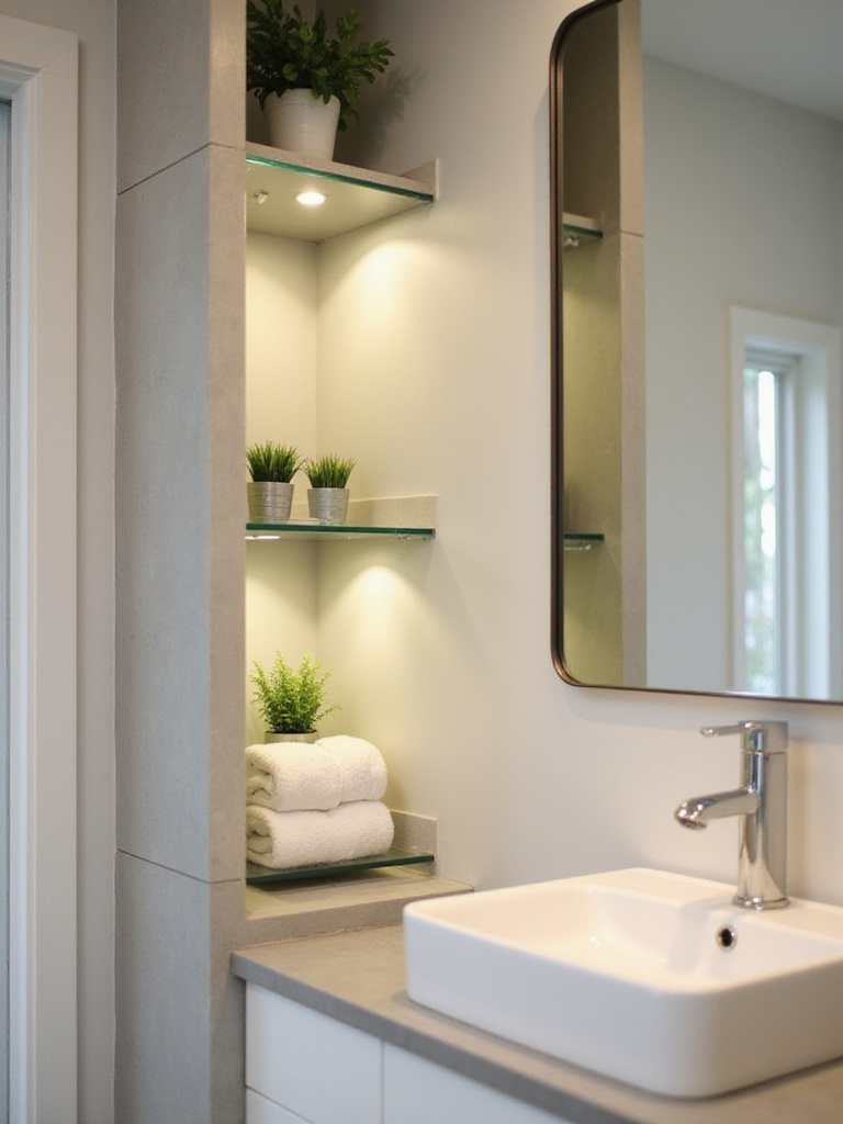 Small bathroom corner illuminated with LED strip lights under glass shelves.