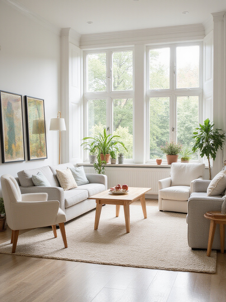 Bright living room with large light beige rug reflecting natural light.