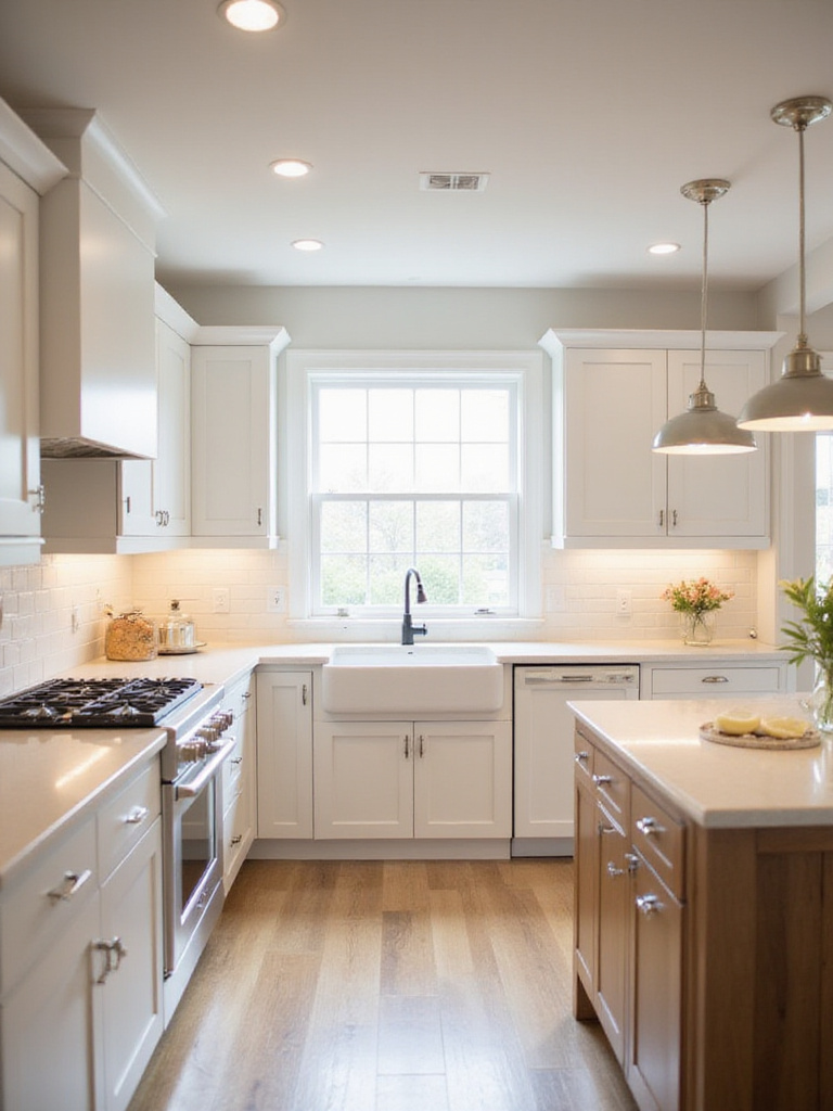 Bright kitchen with affordable LED lighting fixtures including under-cabinet lights, pendant lights, and recessed lighting.