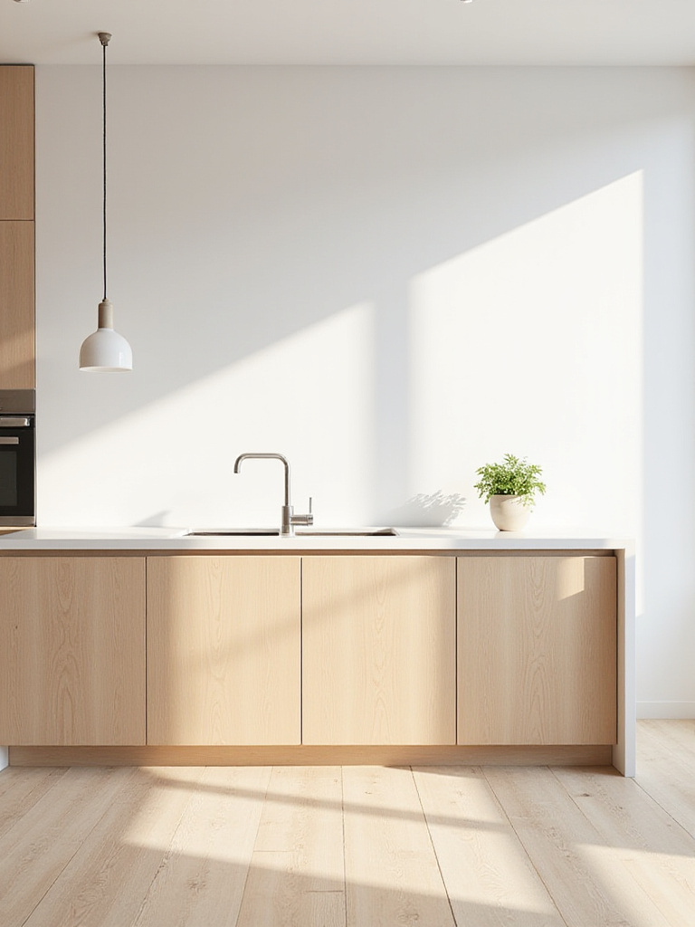 Bright Scandinavian kitchen with white walls and light wood accents.
