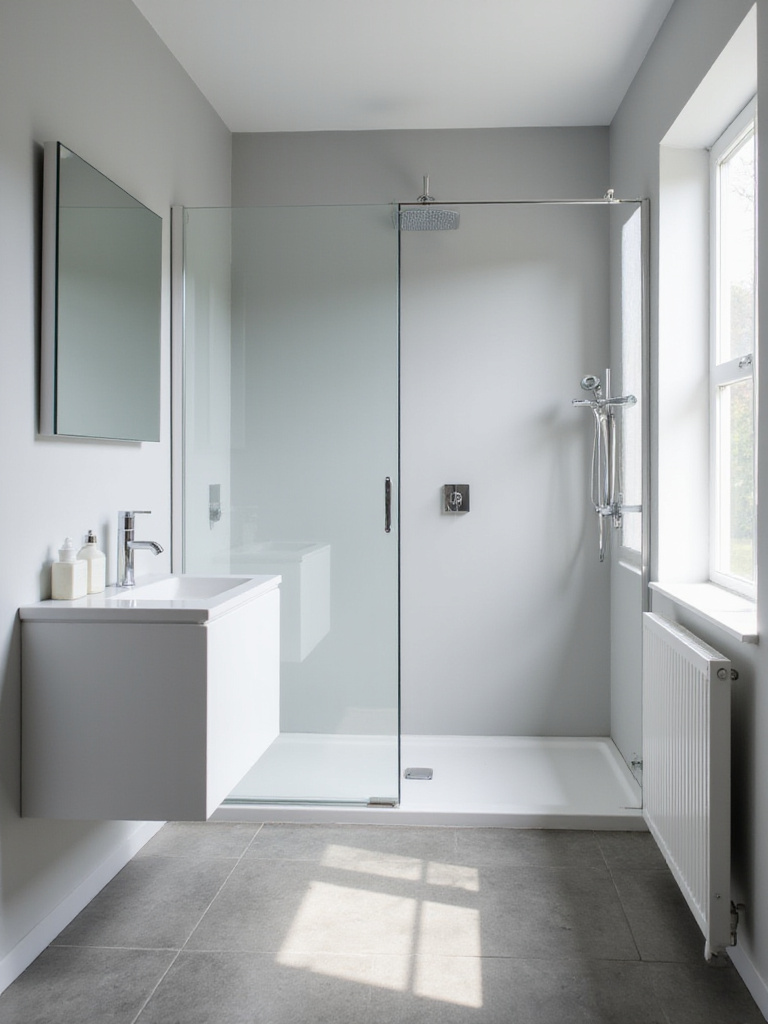 Bright and airy small bathroom with light gray walls and a large mirror.