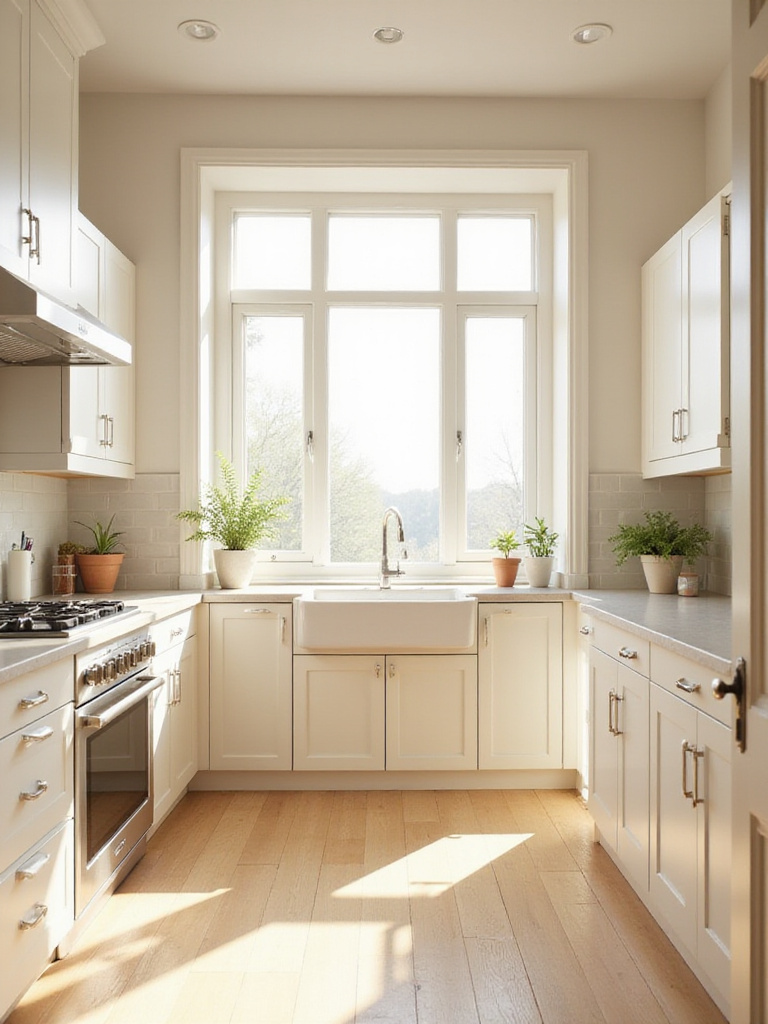 Bright white kitchen with natural light streaming in from a large window.