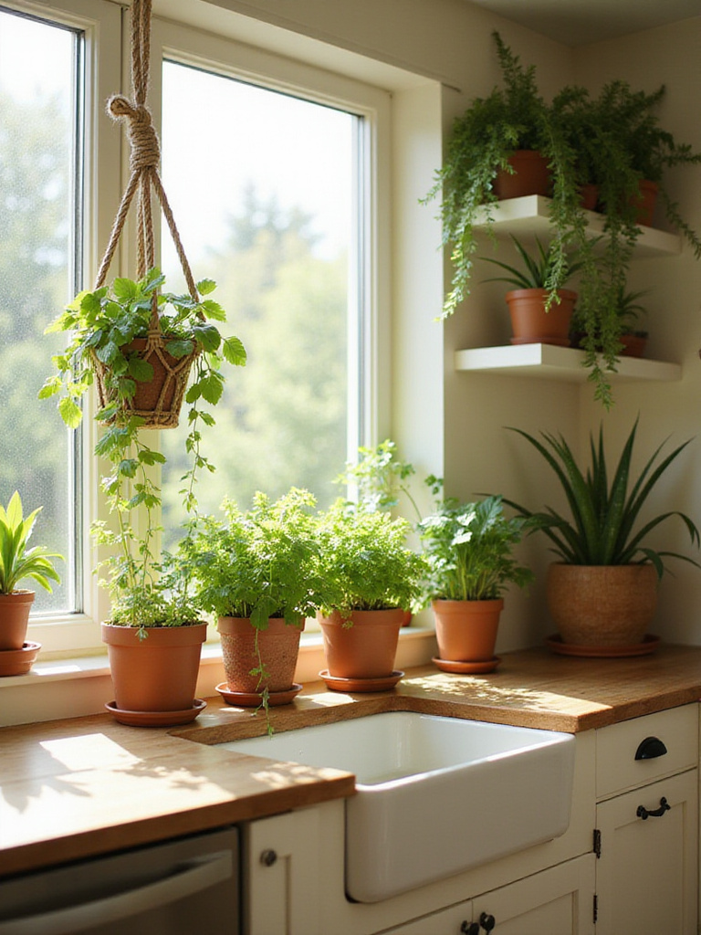 Bright and airy kitchen with various potted herbs and plants on windowsill, countertops, and hanging planters, adding freshness and life to the space.