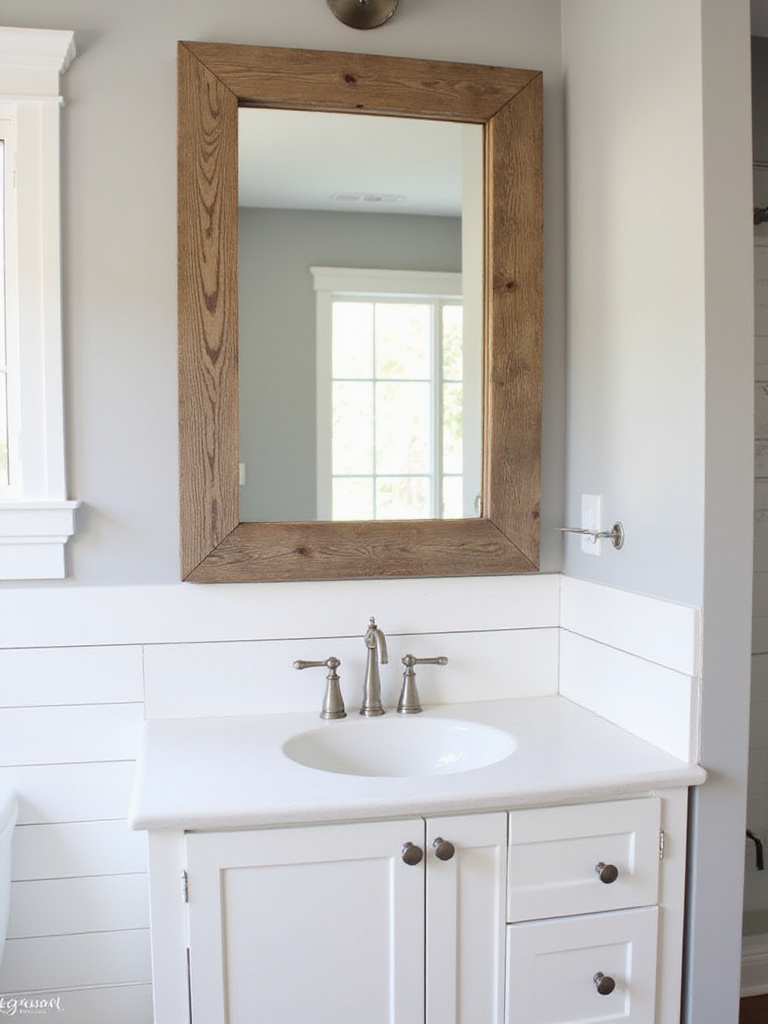 Bathroom with a charming wood frame mirror above a white shiplap vanity.