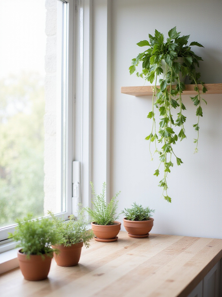 Scandinavian kitchen with lush green plants on countertops and shelves