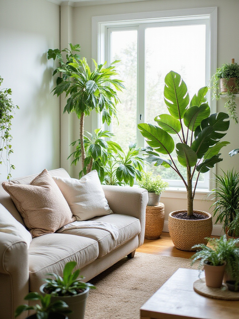 Cozy living room with lush green plants and natural light