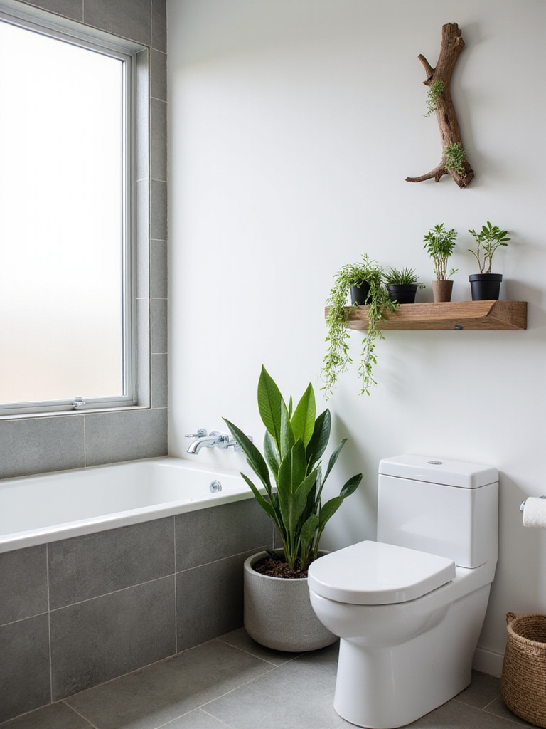 Modern bathroom with greenery, featuring snake plant, pothos, and air plants for a refreshing touch.
