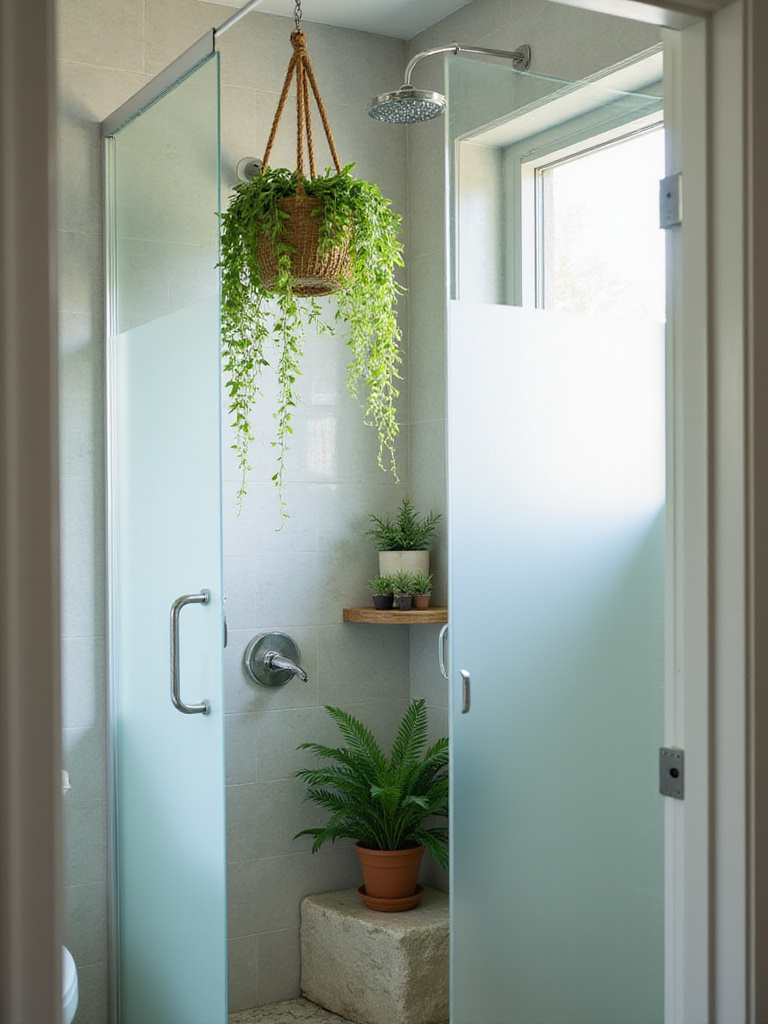 Bathroom shower with various plants creating a natural and relaxing atmosphere.