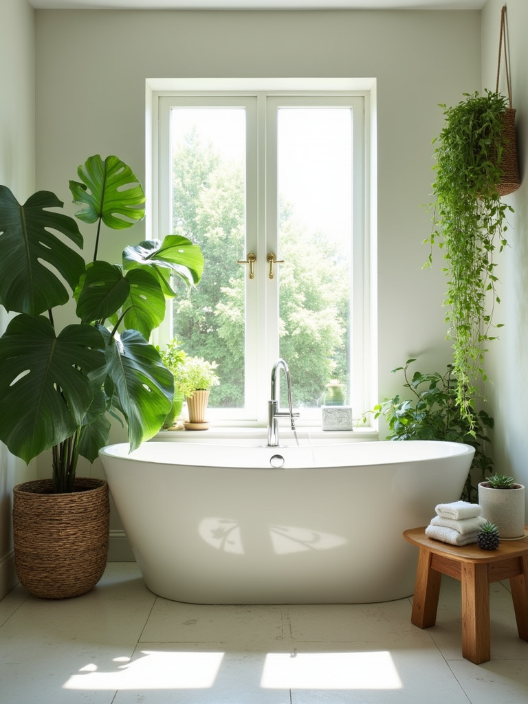 Bathroom with lush green plants creating a relaxing spa-like atmosphere