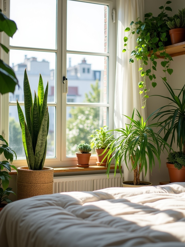 Apartment bedroom with various plants, creating a relaxing and refreshing atmosphere.