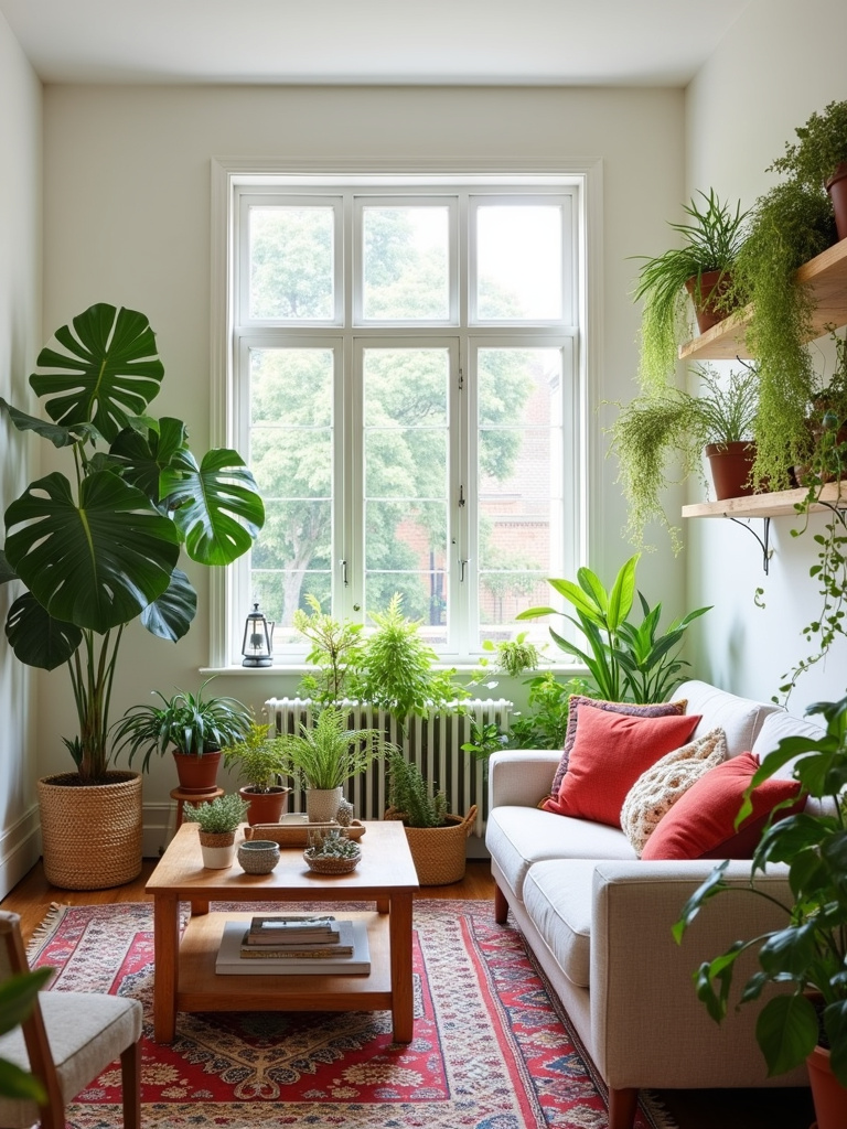 Boho living room filled with lush indoor plants, creating a vibrant and natural space