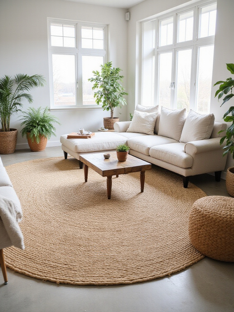 Living room with a large jute rug, linen sofa, and natural light.