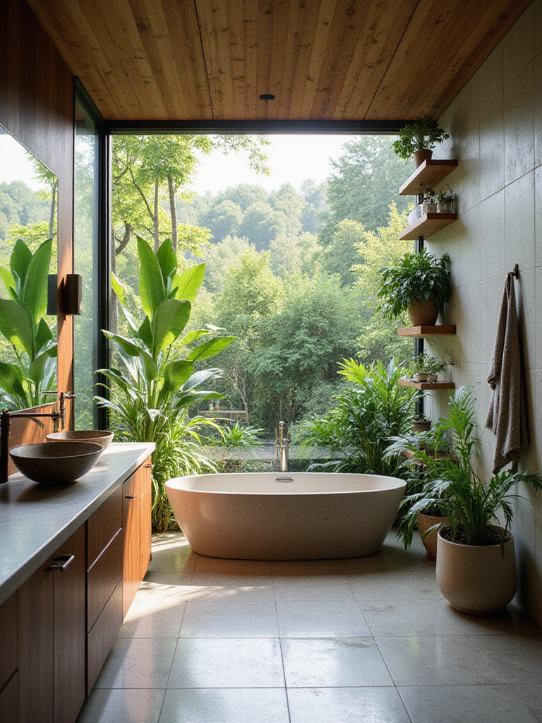 Biophilic bathroom design with wooden vanity, stone countertop, and lush greenery