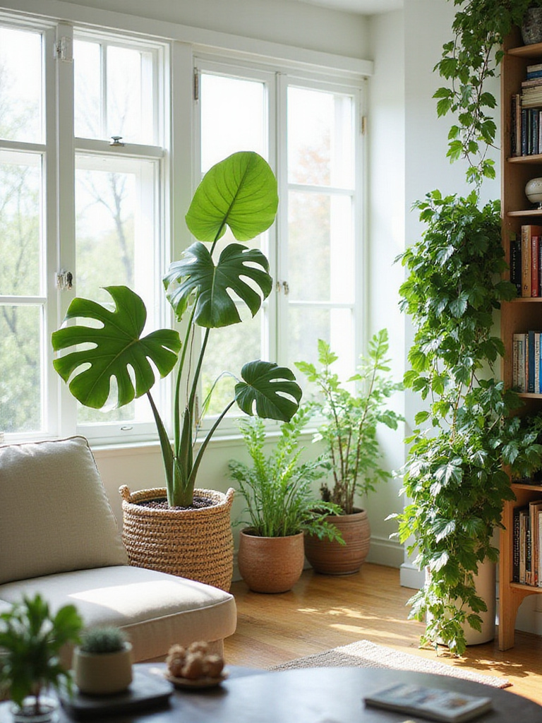 Living room filled with lush indoor plants, creating a vibrant and inviting space