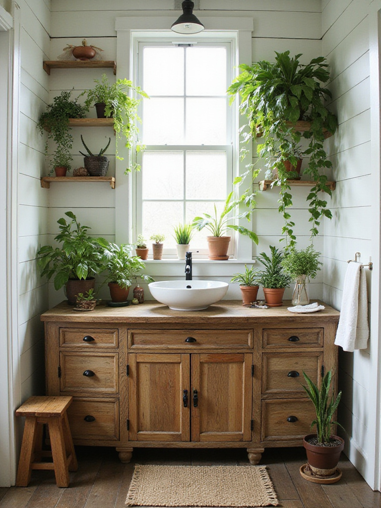 Rustic bathroom with reclaimed wood vanity and lush potted greenery.