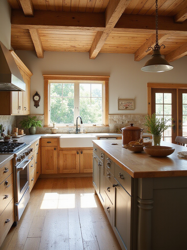 Cozy rustic kitchen with wooden cabinets, farmhouse sink, and natural stone backsplash