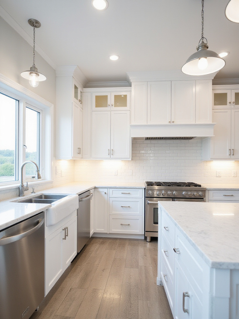 Budget-friendly white kitchen with laminate countertops and stainless steel appliances.