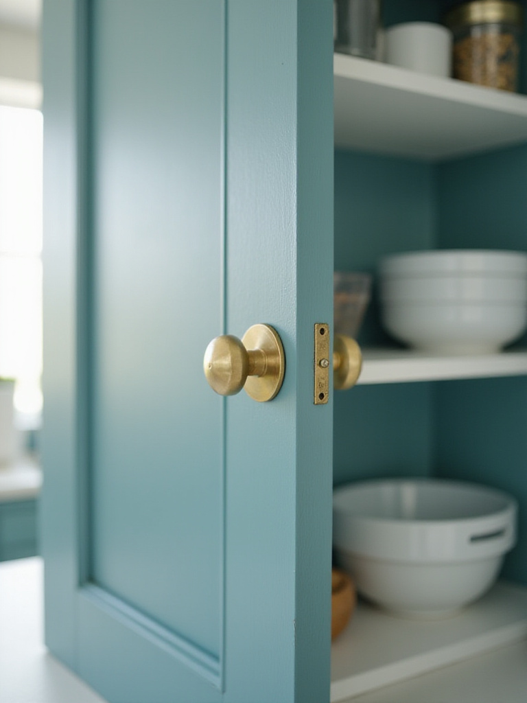 Teal kitchen cabinet makeover with gold hardware