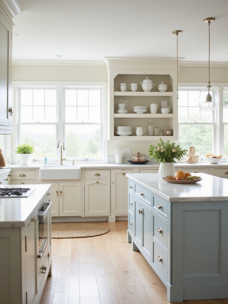 Bright and airy coastal kitchen with light blue island and open shelving.