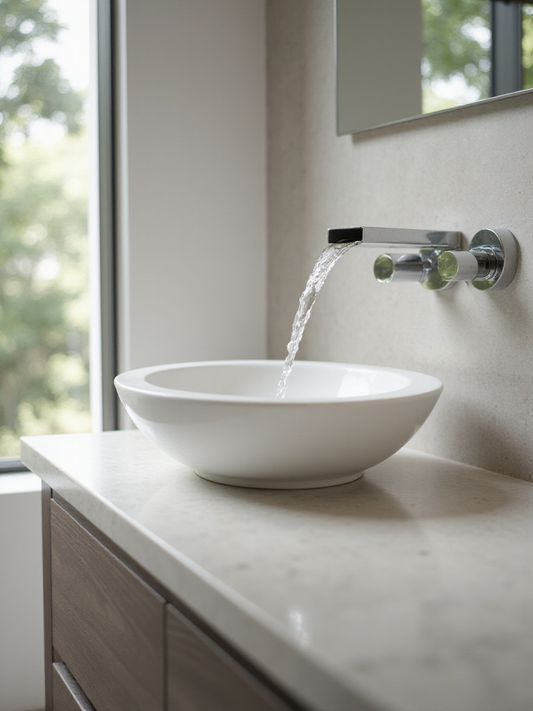 Stylish waterfall faucet pouring water into a modern vessel sink.