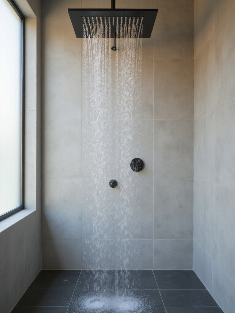 Modern bathroom with a waterfall shower head cascading water onto a dark grey slate floor.