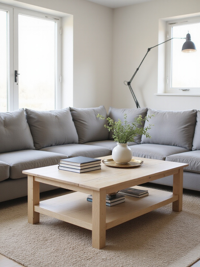 Stylish living room with a grey sectional sofa and a light wood coffee table decorated with books and greenery.
