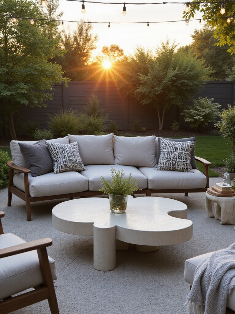 Modern patio with concrete coffee table and comfortable seating under string lights.