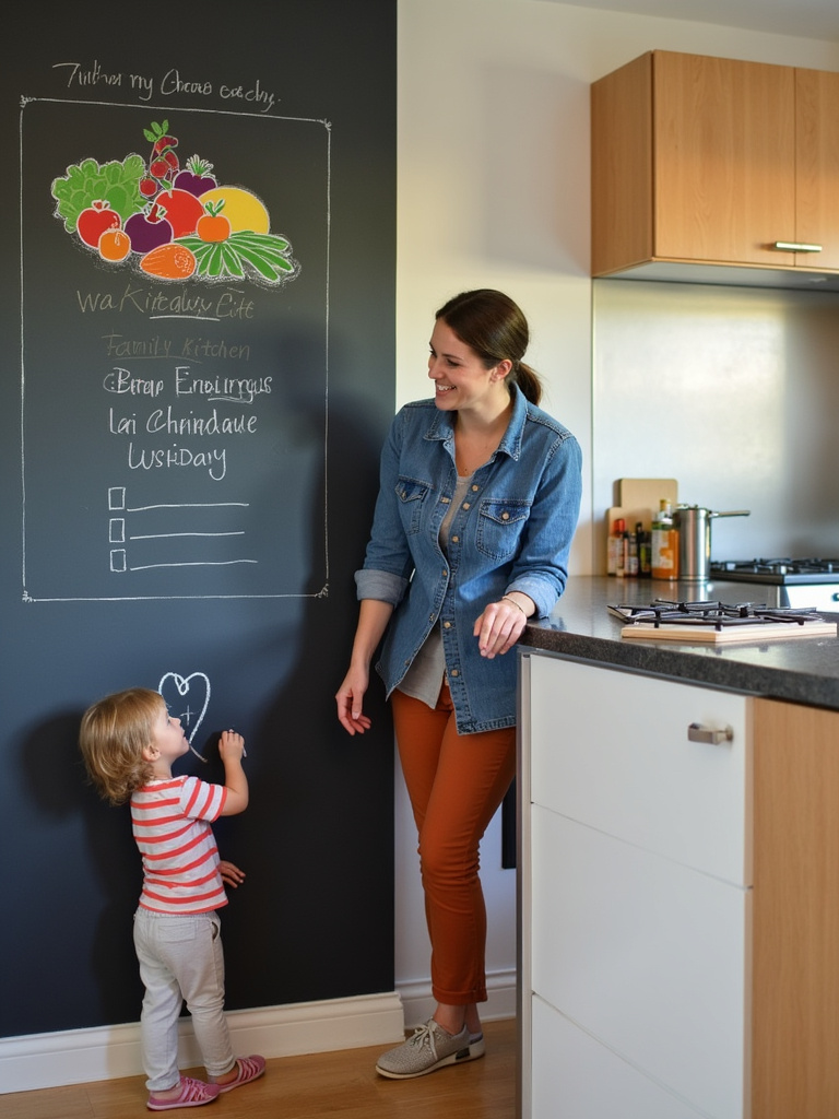 Modern kitchen with chalkboard wall featuring family-friendly drawings and grocery list
