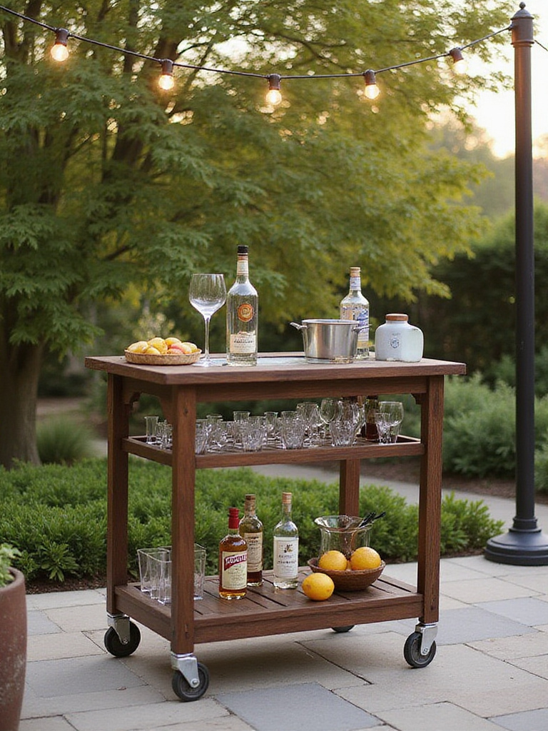Stylish teak bar cart on a patio, stocked with liquor and glassware, illuminated by string lights.