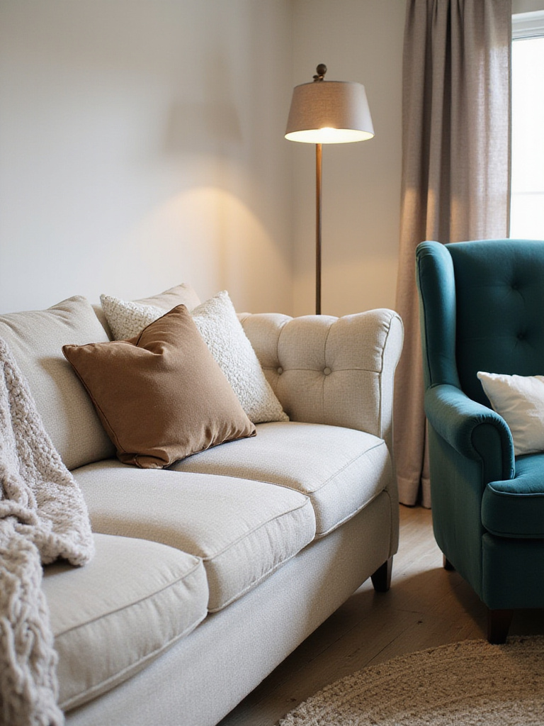 Cozy living room with oversized cream bouclé sofa and teal velvet armchair.