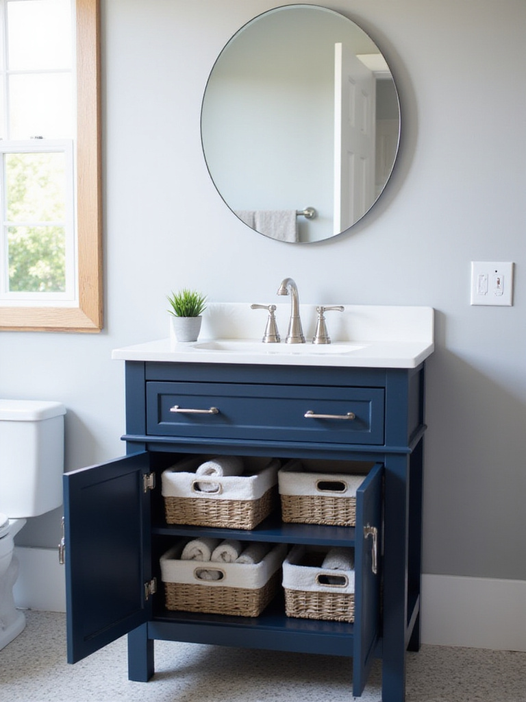 Small bathroom vanity with built-in drawers and cabinet storage.