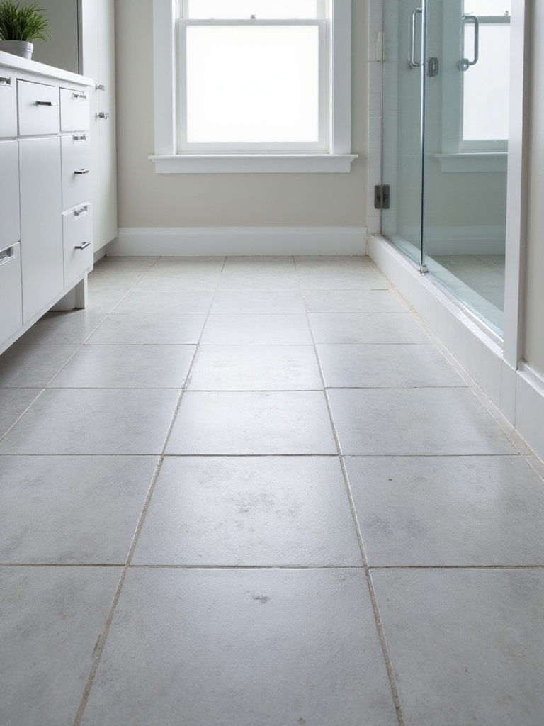 Light gray ceramic tile bathroom floor in modern minimalist style.