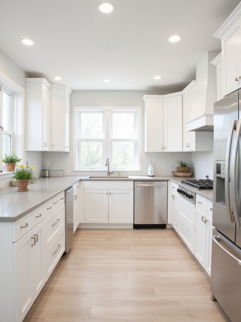 White Shaker kitchen cabinets with light gray quartz countertops and stainless steel appliances.