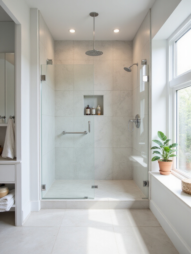 Minimalist shower design with clean lines and neutral colors.