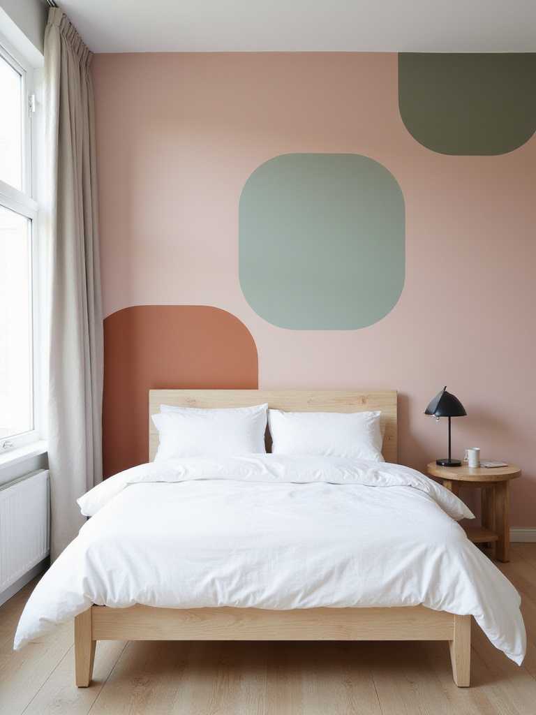 Modern bedroom featuring color block wallpaper in muted tones of pink, green, and terracotta.