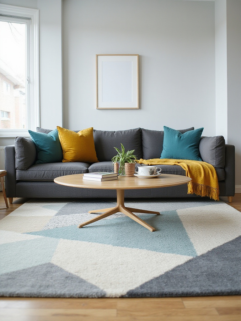 Living room with gray walls and sofa, teal and mustard yellow accents, and a rug that ties the colors together.
