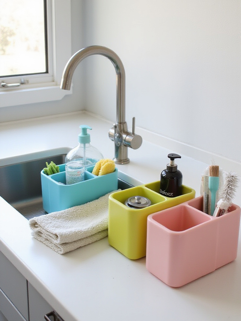 Color-coded kitchen sink organizers in pastel shades, promoting a clean and organized countertop.