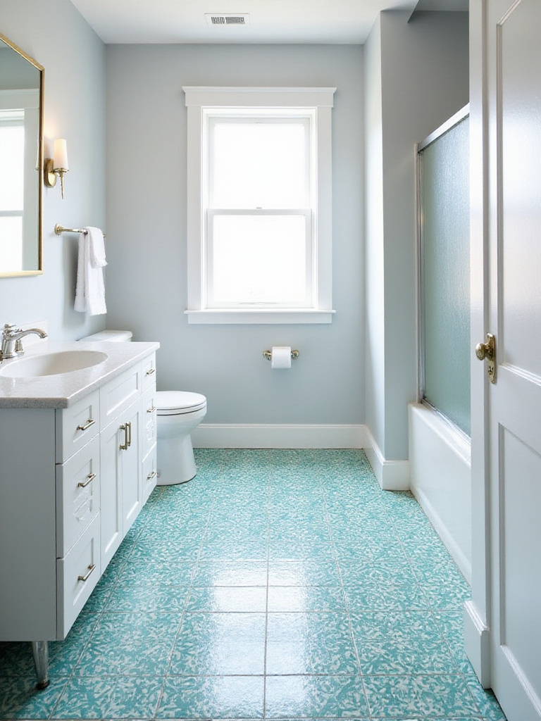 Bathroom floor with turquoise and teal geometric tile pattern
