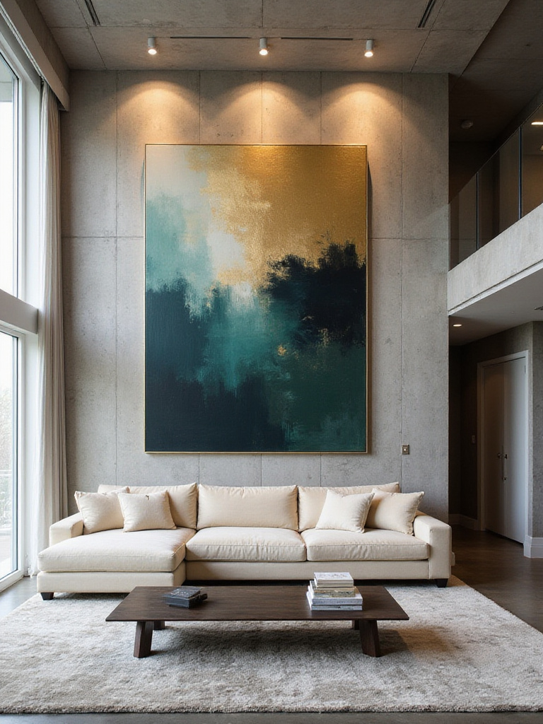 Luxurious living room featuring a large abstract painting as a focal point.
