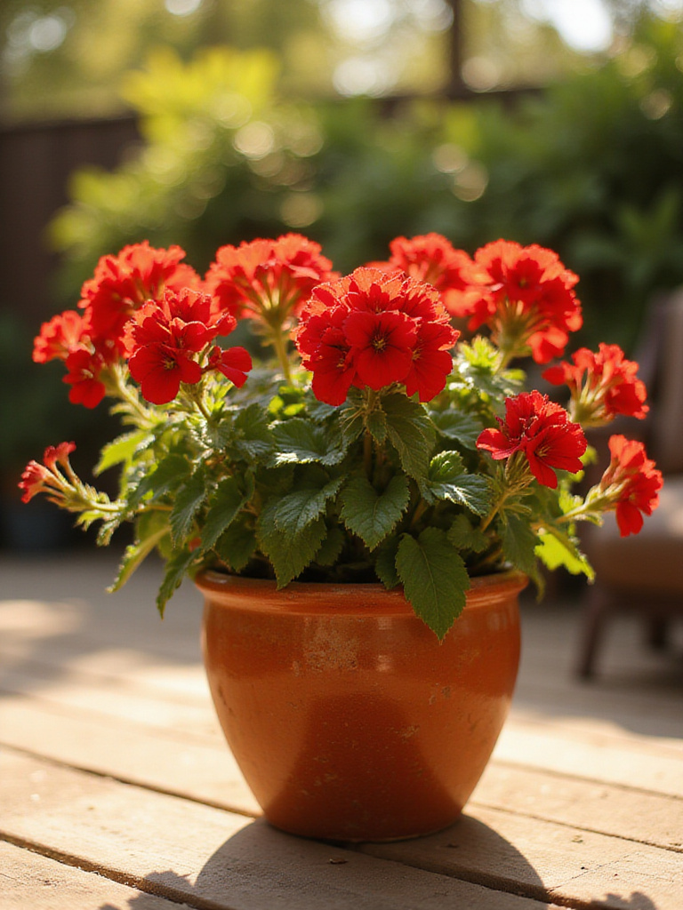 Close-up of a terracotta pot overflowing with red geraniums.