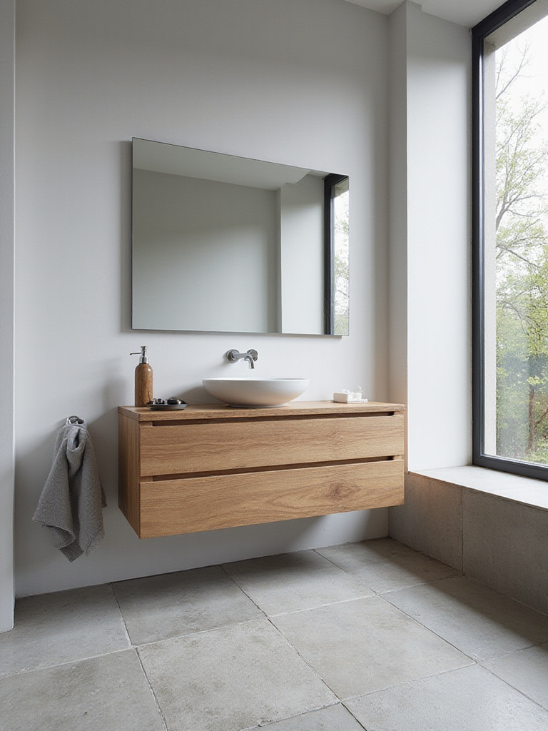 Modern bathroom with concrete floor tiles and floating wood vanity.