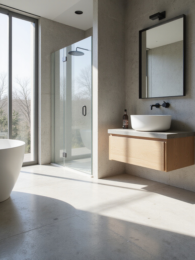Modern bathroom with light gray polished concrete floor and minimalist fixtures