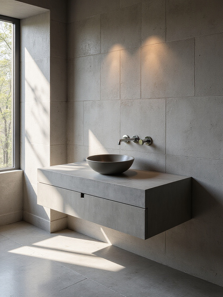 Modern bathroom with grey concrete countertop and vessel sink.