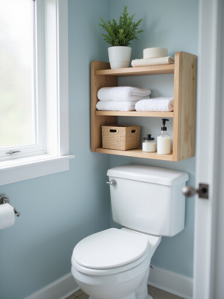 Small bathroom featuring a white toilet and a natural wood over-the-toilet storage unit with organized shelves and baskets.