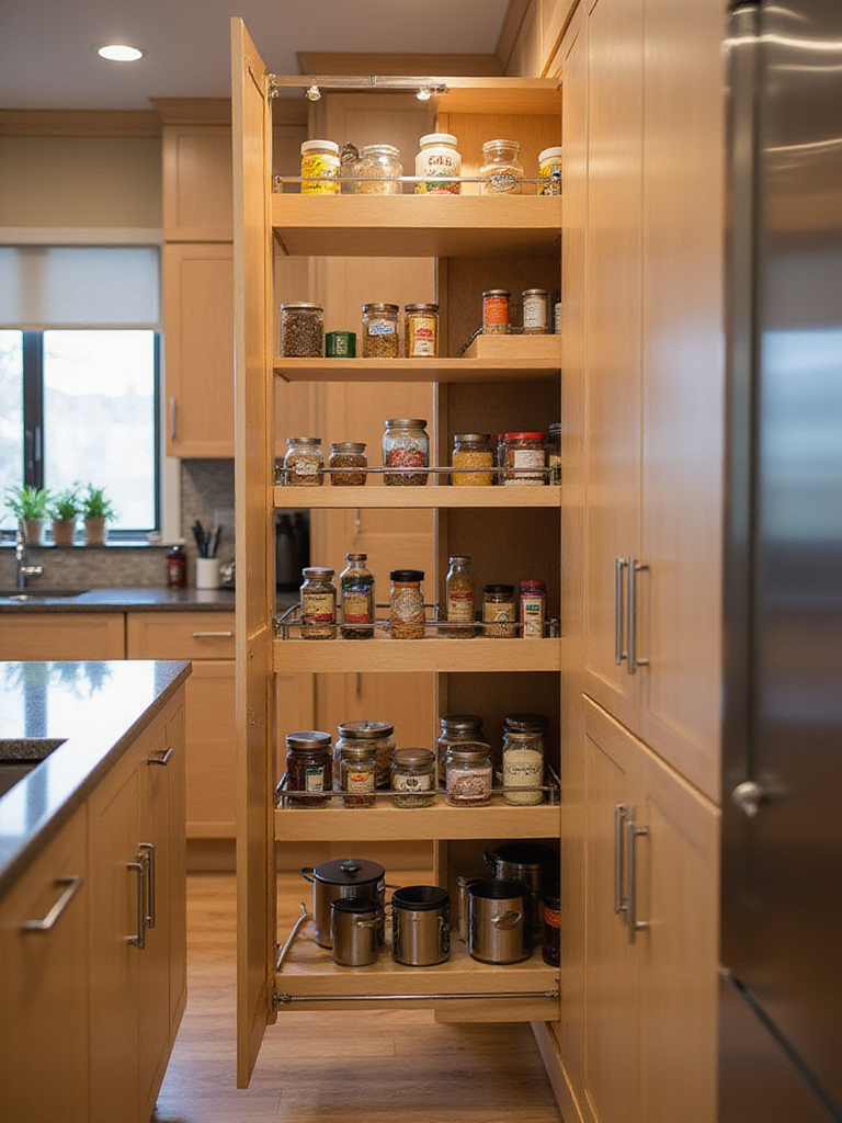 Organized kitchen cabinet featuring pull-out shelves, spice rack, and pot dividers.