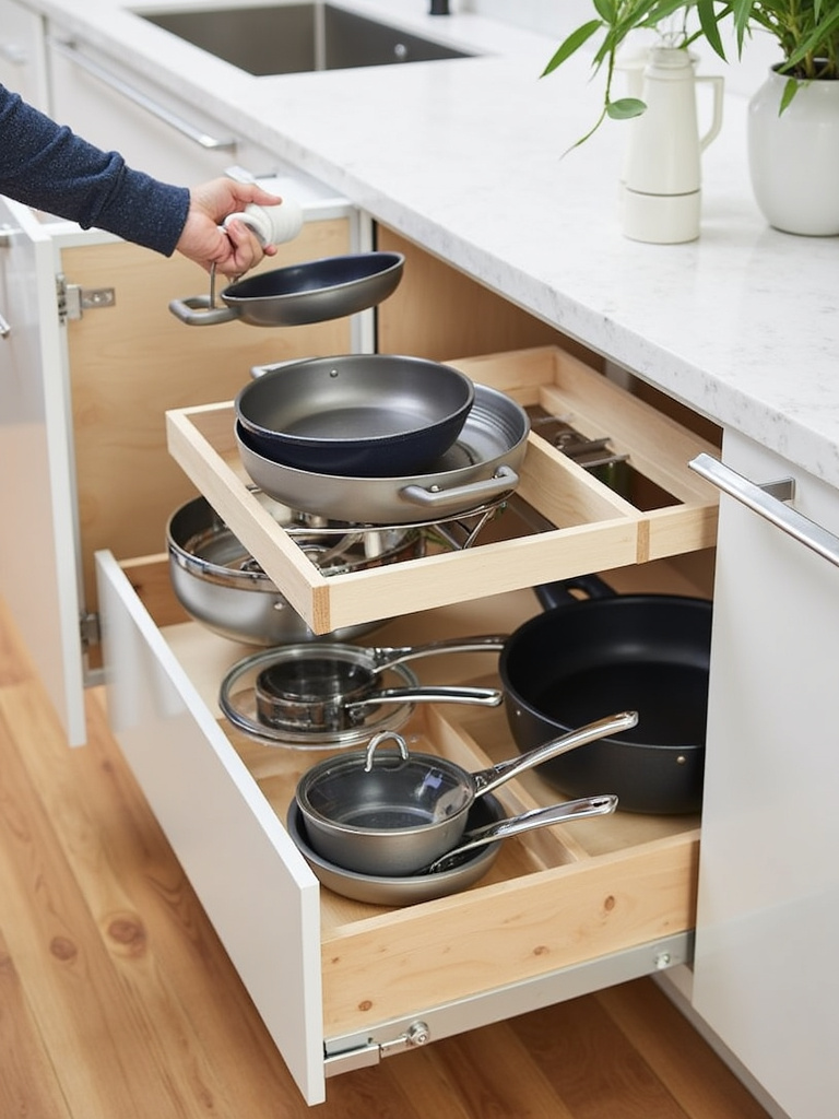 Pull-out cabinet organizer with neatly arranged pots and pans for easy kitchen storage.